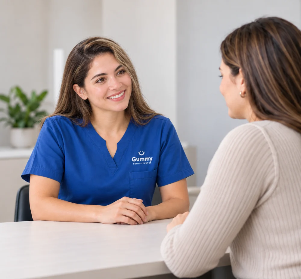 Una conversación cercana durante una consulta dental.