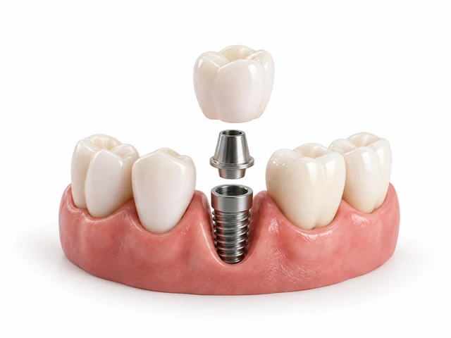 Ilustración de una corona y un implante dental.