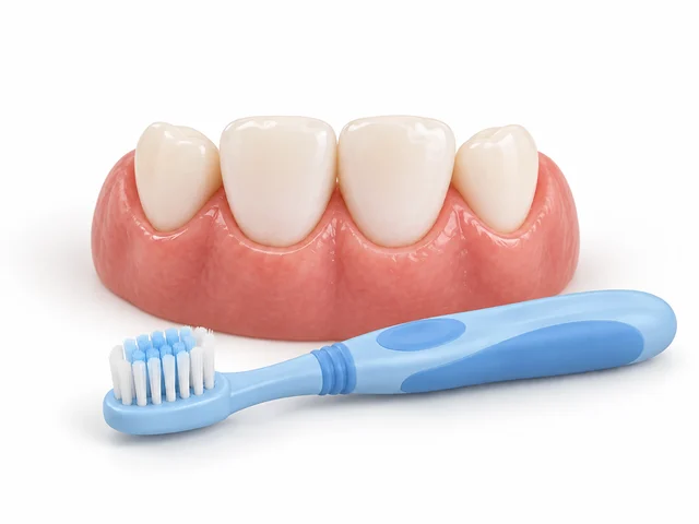 Ilustración de dientes infantiles junto a un cepillo dental.