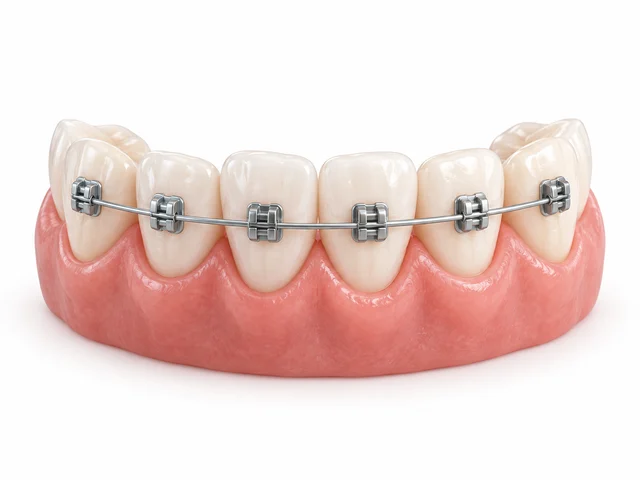 Ilustración de dientes con brackets y arco de ortodoncia.