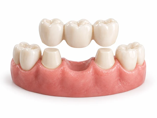 Ilustración de un puente dental y sus dientes de apoyo.
